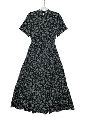 Indie & Co Black Floral Short-Sleeve Multi Tiered Maxi Dress Size M